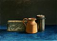 Blauw stilleven met collectebusje, 50x36cm, 2005