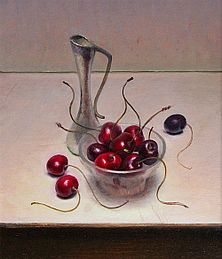 Stilleven met kersen en vaasje, 24x28cm, 2011.VERKOCHT