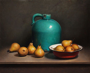 Stilleven met peren en groene fles, 65x55cm, 2013.