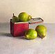Stilleven met peren in rode doos, 45x45cm, 2008.