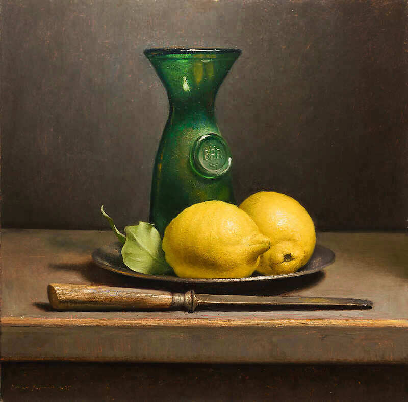 Painting: Stilleven met citroenen en groene fles