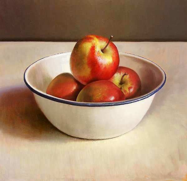 Painting: Stilleven met appelen in emaille kom