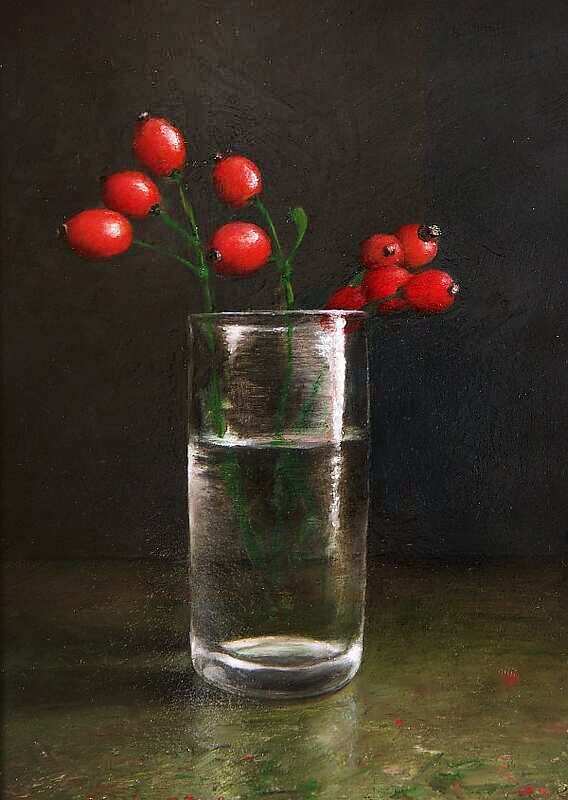 Painting: Stilleven met rozebottels