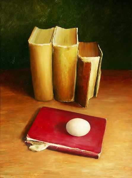 Painting: Stilleven met boeken en ei