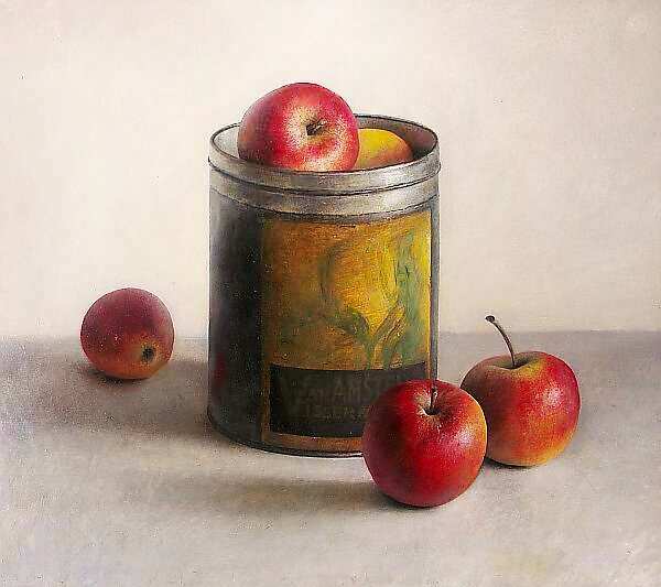 Painting: Stilleven met appelen en vanilleblik