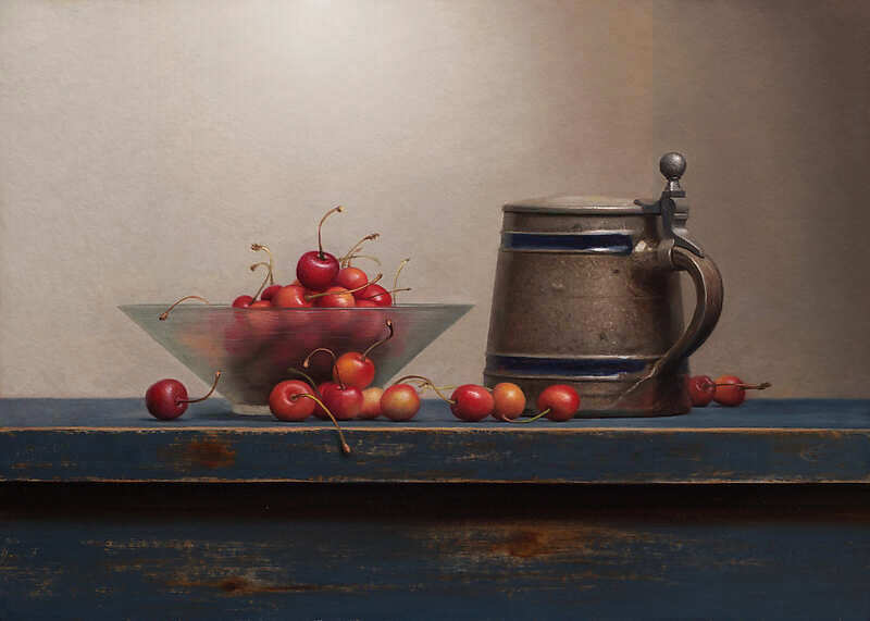 Painting: Stilleven met kersen en bierpul