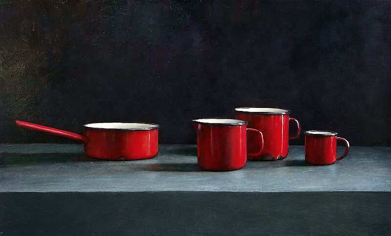 Painting: Stilleven met rood emaille