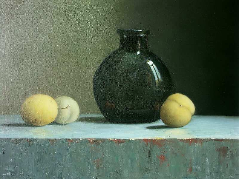 Painting: Stilleven met fles en pruimen